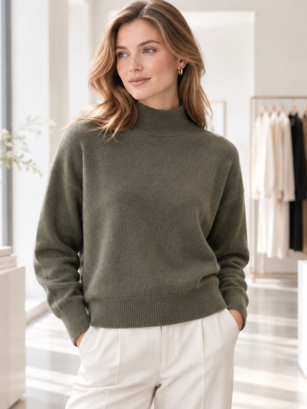 Tahari Women’s Olive Green Mock Neck 2-Ply Cashmere Comfort Winter Sweater